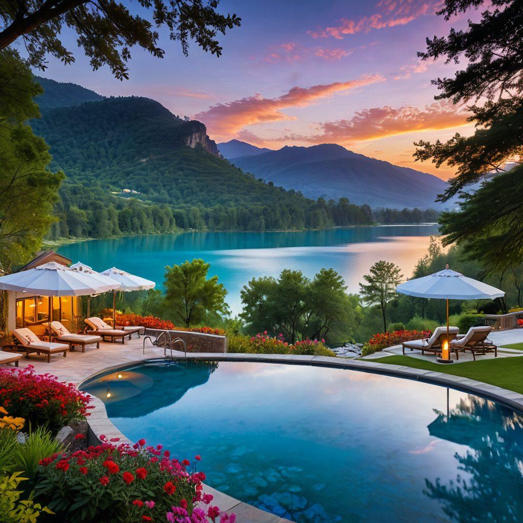 A serene landscape featuring a luxurious hotel nestled in a vibrant green valley, surrounded by lush forests and a sparkling blue lake. Guests are enjoying spa treatments outdoors, and colorful flowers bloom all around, inviting relaxation and rejuvenation. The sky is painted in soft pastels as the sun sets. Captivating elements of hospitality, like a warm welcoming gesture from staff, enhance the scene. super-realistic. vibrant colors. peaceful ambiance.