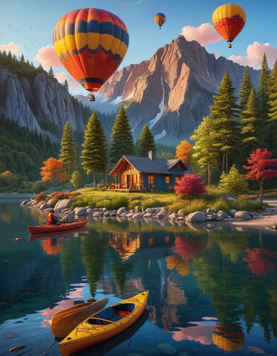 A serene landscape featuring a luxurious cabin nestled in the mountains, surrounded by lush greenery and a tranquil lake. In the foreground, a couple enjoys a cozy campfire while a colorful hot air balloon drifts by in the blue sky. Incorporate elements of adventure like bicycles and kayaks near the water, blending relaxation with excitement. Dreamy sunset colors illuminate the scene, enhancing the peaceful atmosphere. super-realistic. vibrant colors. 3D.