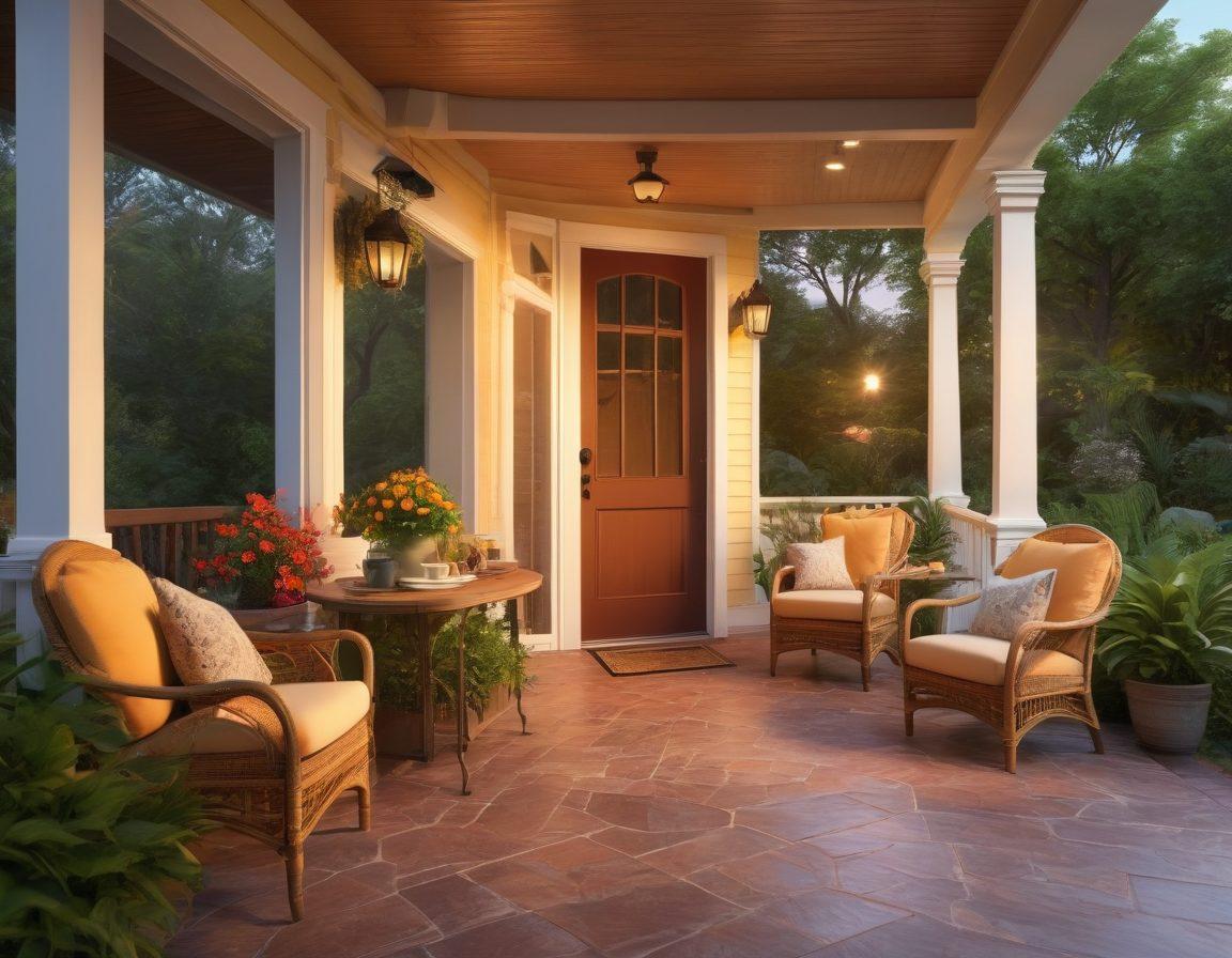 A cozy inn surrounded by lush greenery, with a welcoming front porch adorned with comfortable chairs and soft outdoor lighting. A steaming cup of coffee sits on a table, accompanied by a plate of freshly baked pastries, inviting relaxation. The sunset casts a warm glow over the scene, creating a sense of peace and comfort, perfect for a getaway. super-realistic. vibrant colors. warm lighting.